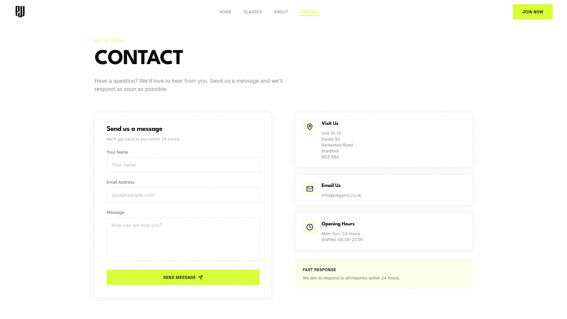 PW Gyms contact page
